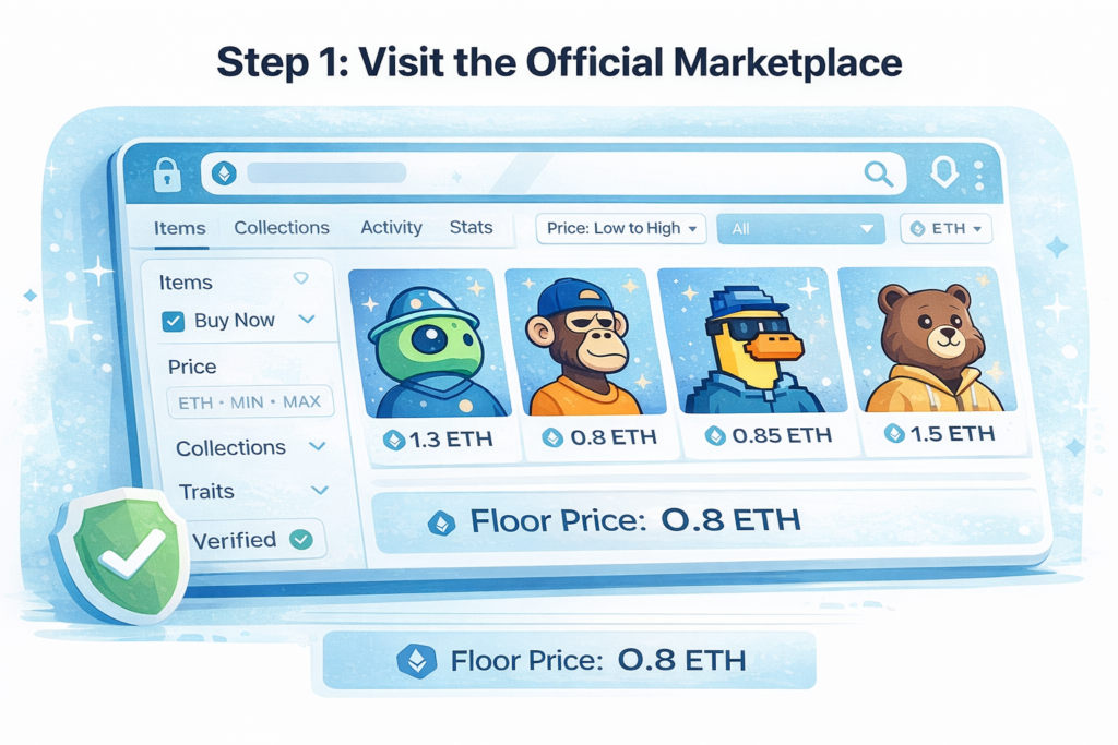 NFT marketplace interface showing floor price and verified listings