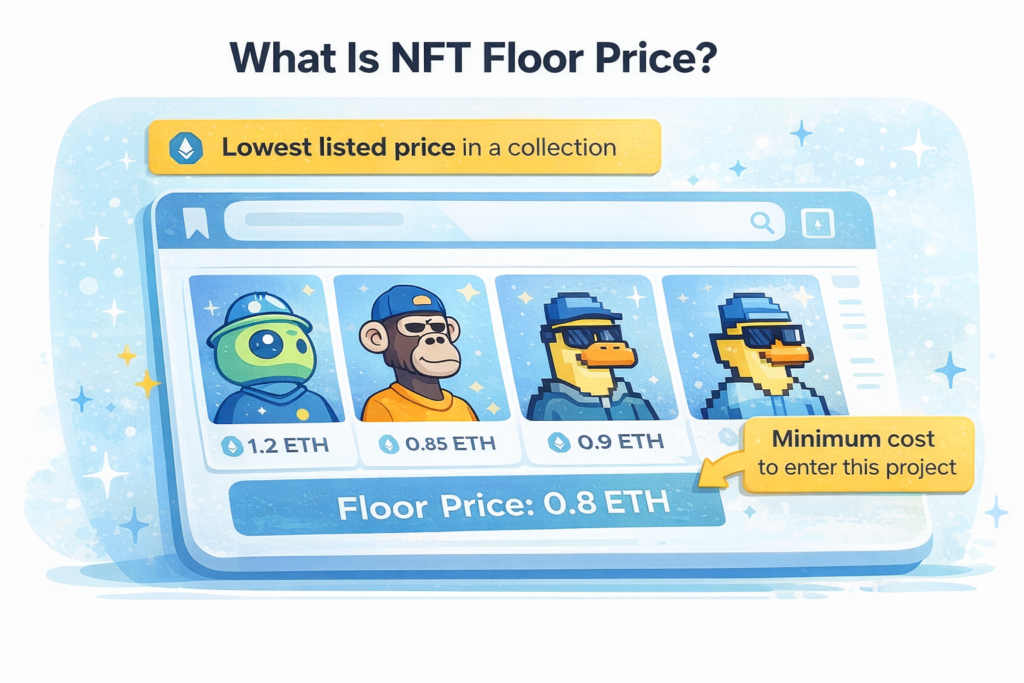 Illustration explaining NFT floor price as the lowest listed price in a collection