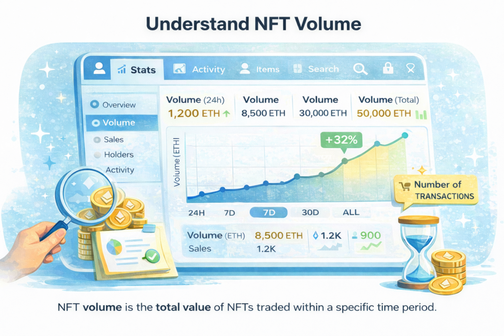 NFT trading volume dashboard showing 24 hour and 7 day volume trends