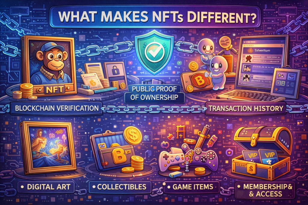 What makes NFTs different from regular digital files showing blockchain ownership and transaction history