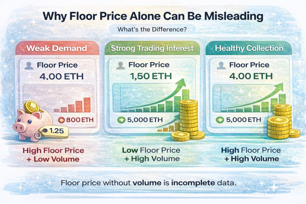 Infographic showing high floor price with low volume versus high volume NFT demand comparison