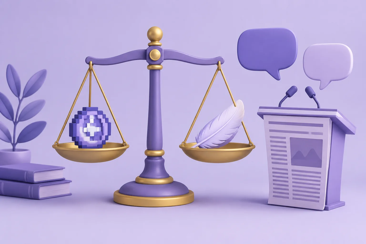 Illustration of a cartoon balance scale weighing an NFT token against a feather, representing the debate about whether NFTs are dead.
