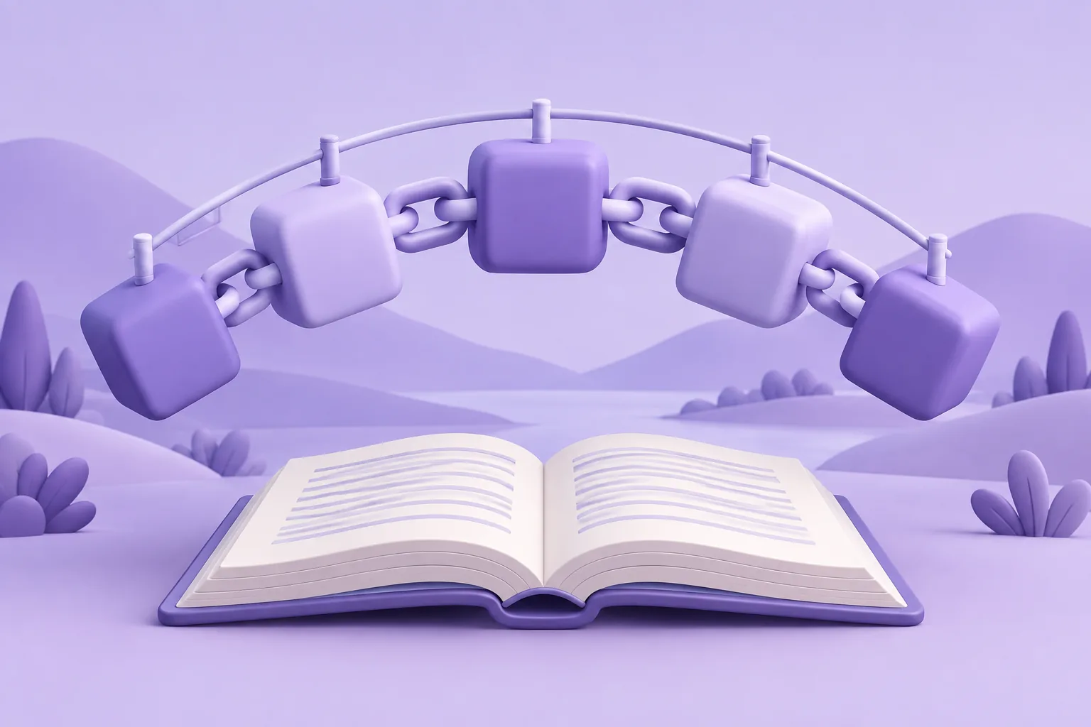 Illustration of a cartoon chain of soft rounded blocks linked in a gentle arc, a public ledger book open beneath them, lavender landscape.