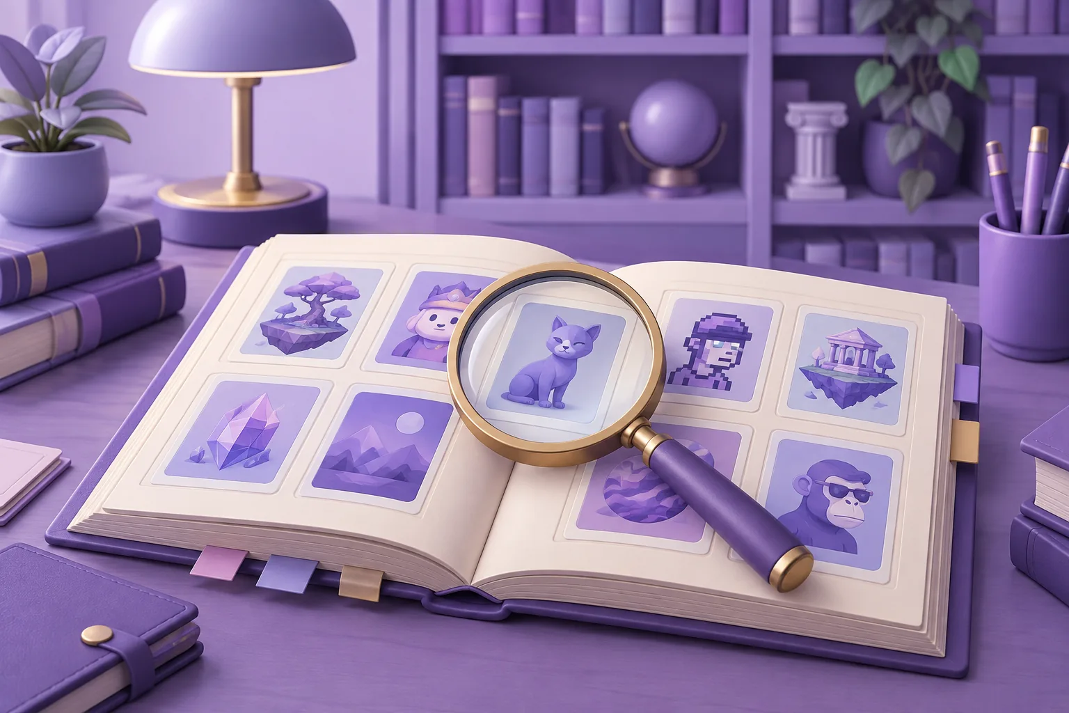Illustration of a cartoon detective-style magnifying glass over an open illustrated ledger of token cards, research desk, lavender library.