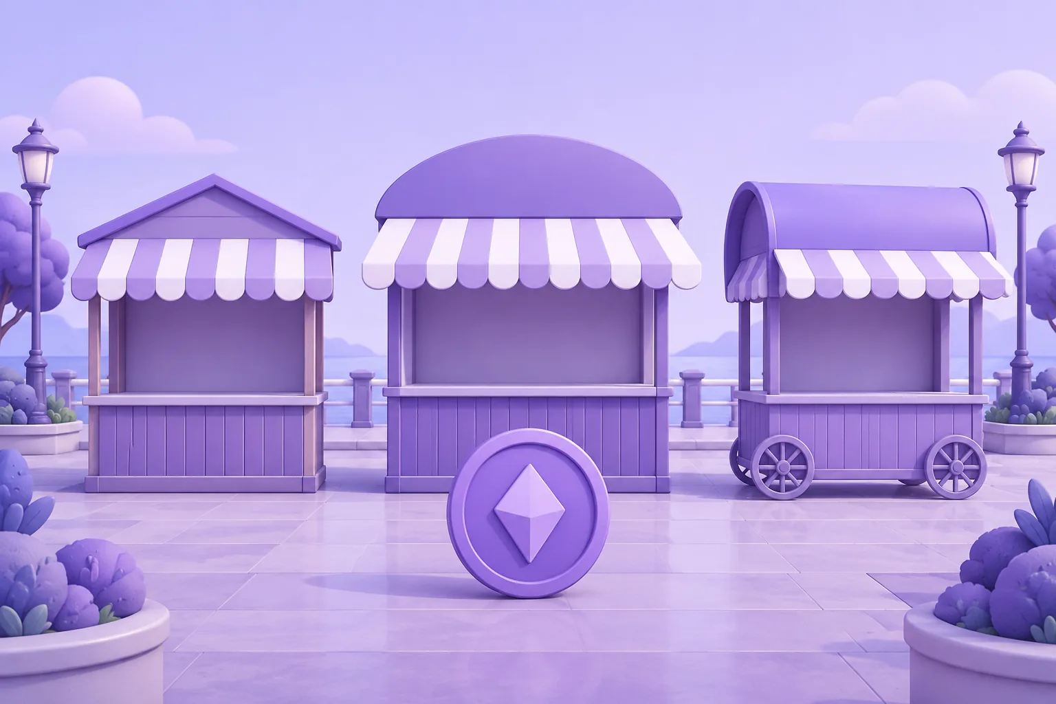 Illustration of a cartoon storefront wearing a removable mask disguise, a magnifying glass lifting the mask edge, lavender street.
