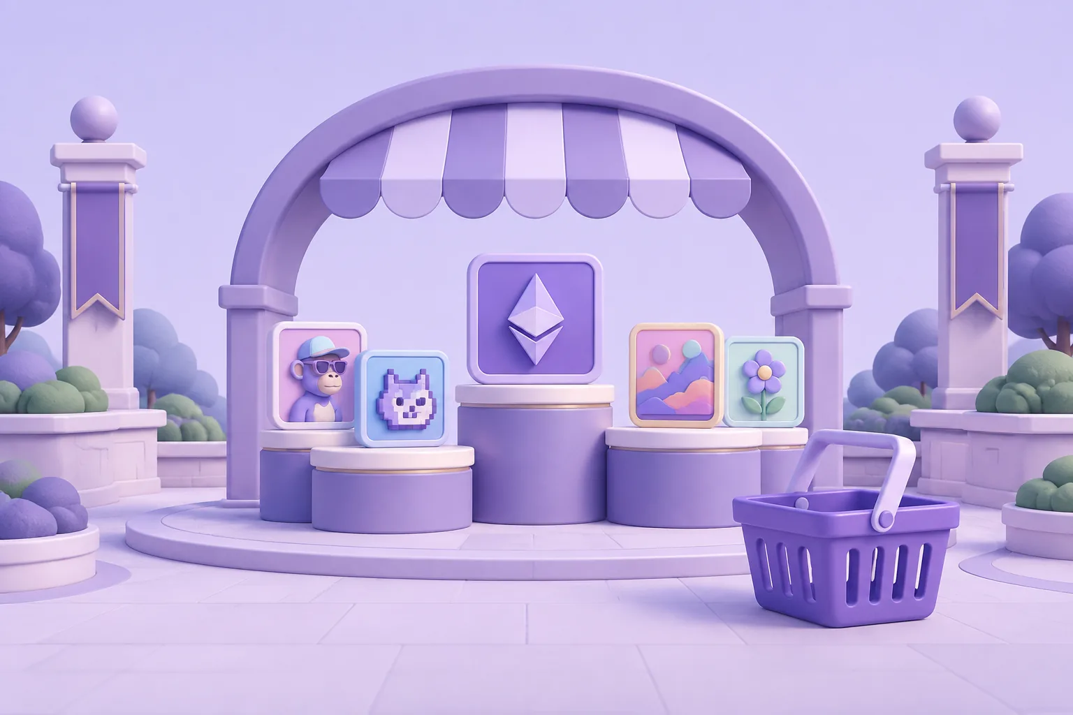 Illustration of a cartoon marketplace arch with display plinths of token tiles and a shopping basket, friendly lavender plaza.