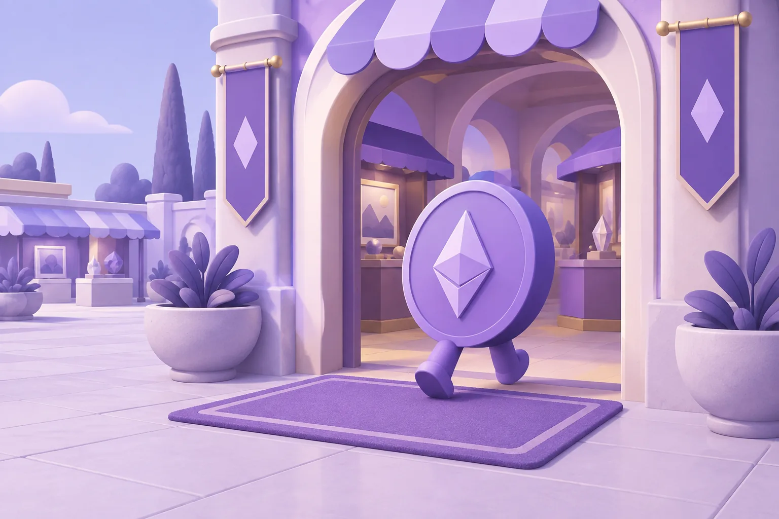 Illustration of a cartoon toll gate on a blockchain highway where a token pays a small coin to pass, fee-meter dial on the booth, lavender road.