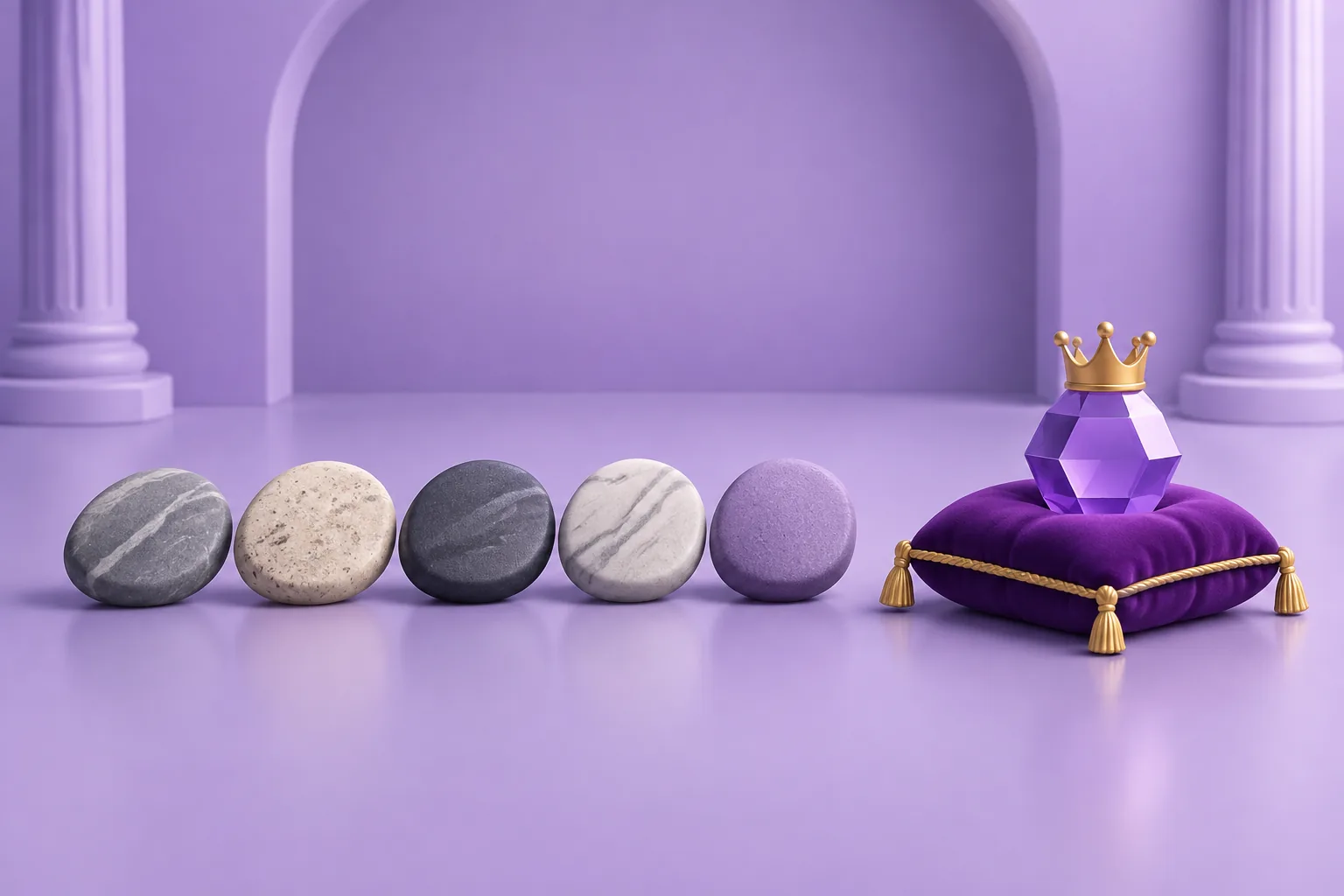 Illustration of a cartoon row of common pebble-tokens and one small crowned gem standing apart on a velvet cushion, lavender gallery.