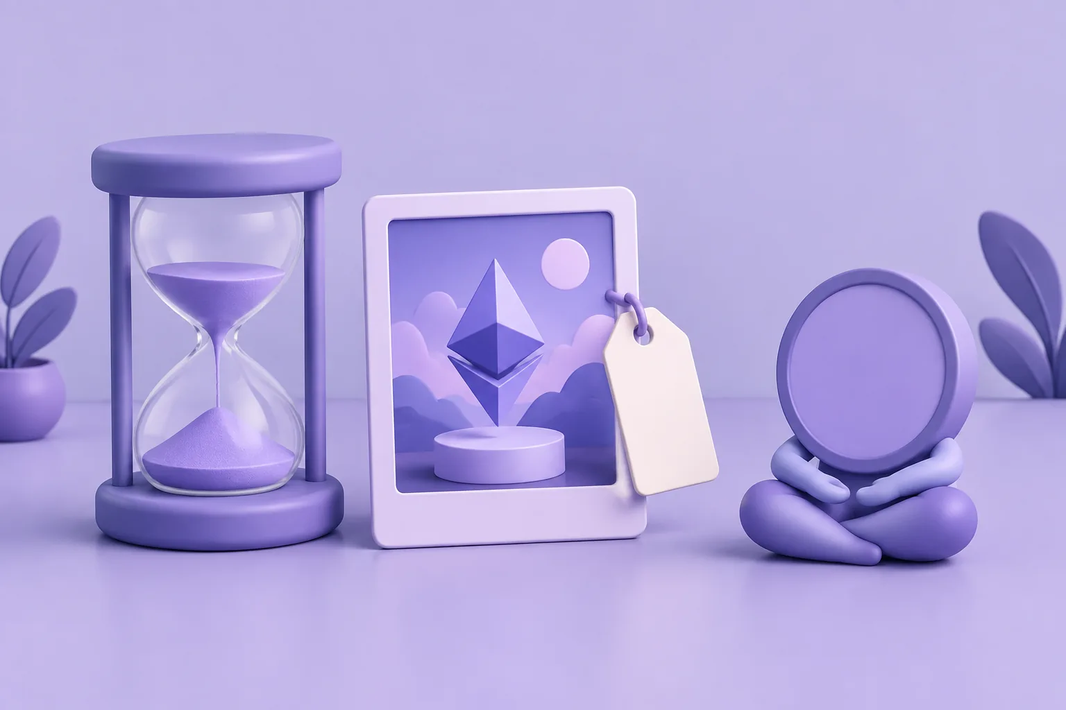 Illustration of a cartoon hourglass beside a listed NFT tile with a price tag, a token checking its watch, lavender desk.