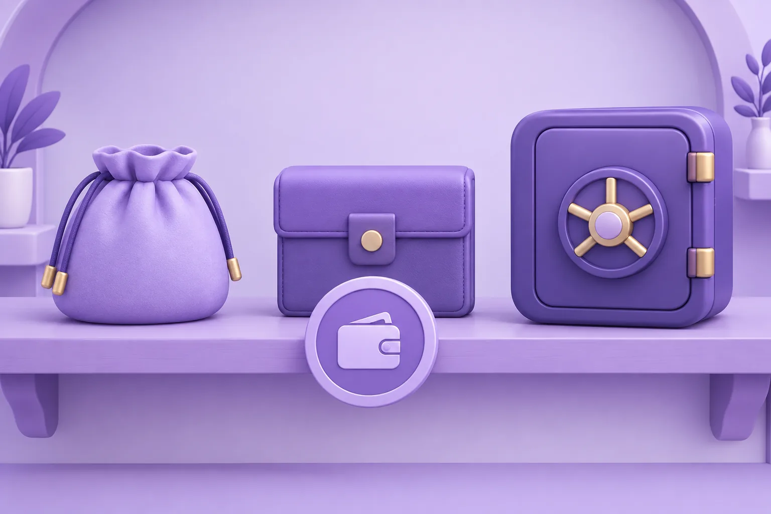 Illustration of a cartoon row of different wallet shapes on a shop shelf — a pouch, a box, a vault — a token comparing them, lavender store.