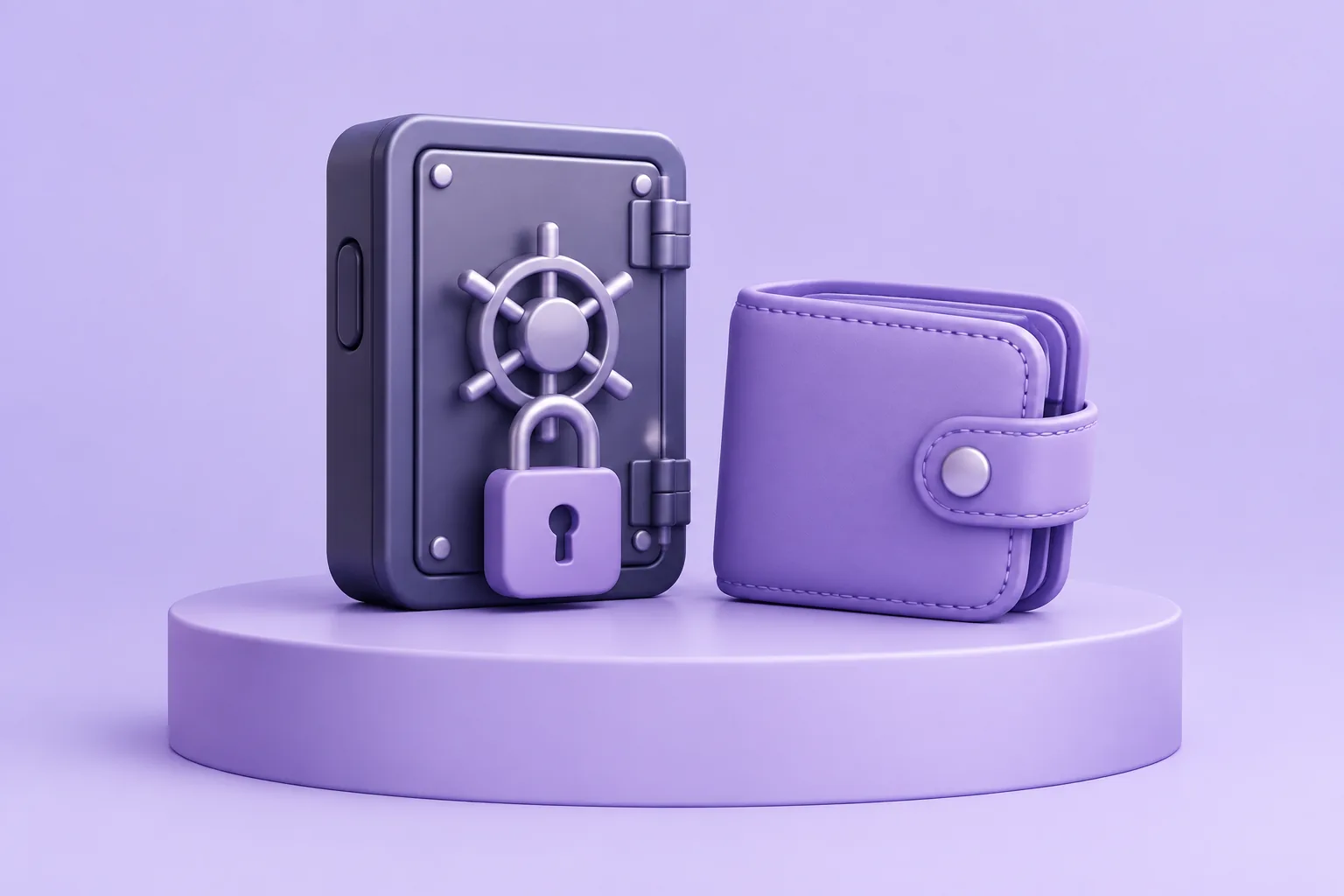 Illustration of a cartoon hardware wallet standing like a tiny bank vault with a padlock, beside a softer everyday wallet, lavender pedestal.