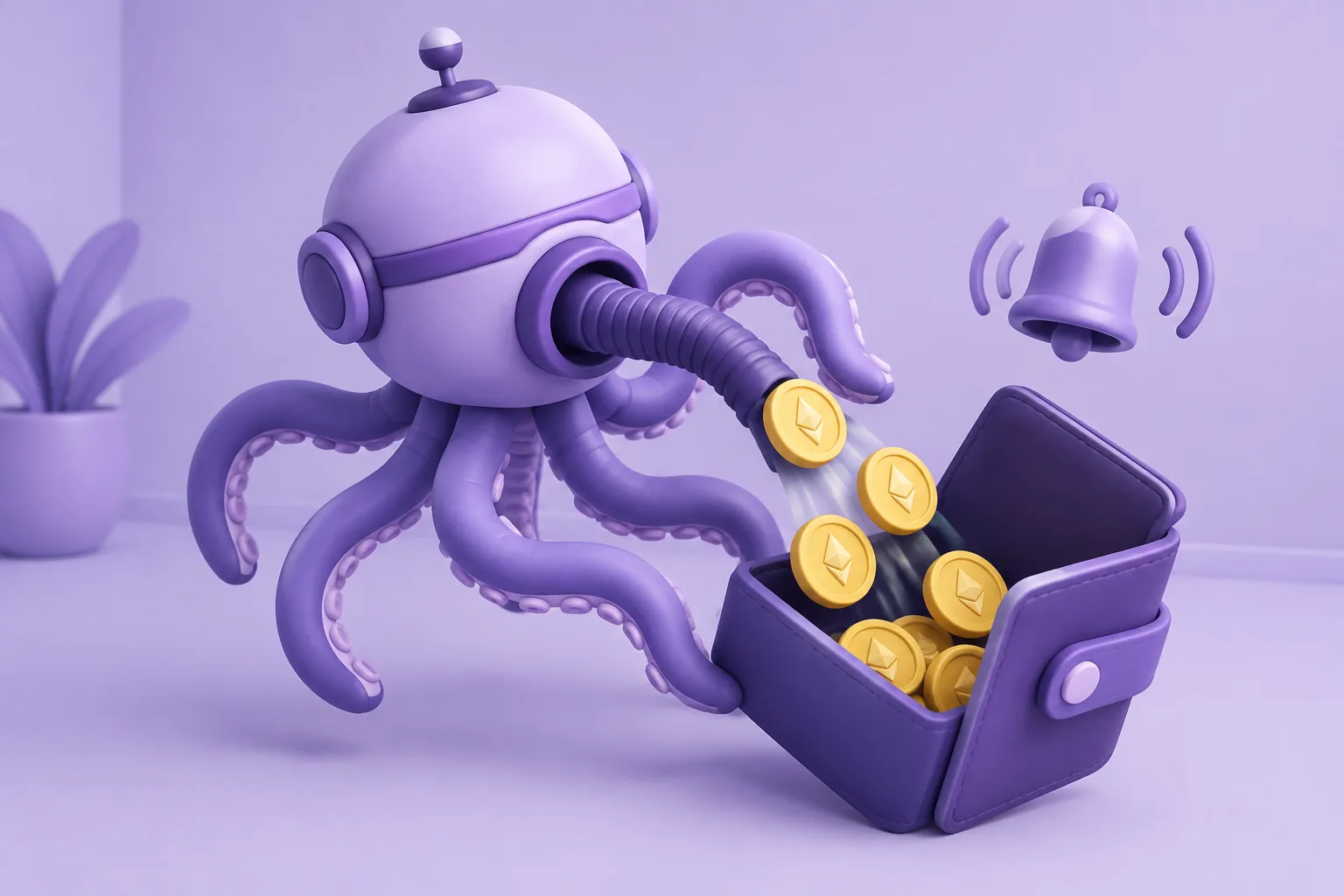 Illustration of a cartoon vacuum-octopus robot draining token coins from an open wallet while a little alarm bell rings, lavender room.