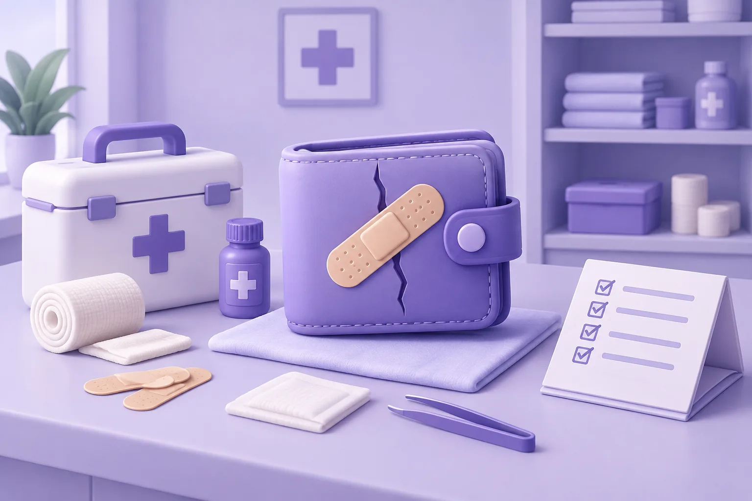 Illustration of a cartoon first-aid station where a wounded wallet gets patched, emergency supplies and a checklist, calm lavender clinic.