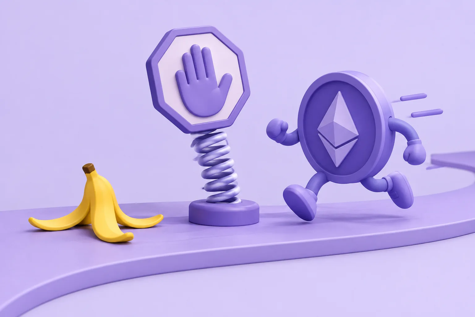 Illustration of a cartoon banana-peel hazard beside a hurrying token being gently held back by a stop-sign hand on a spring, lavender path.