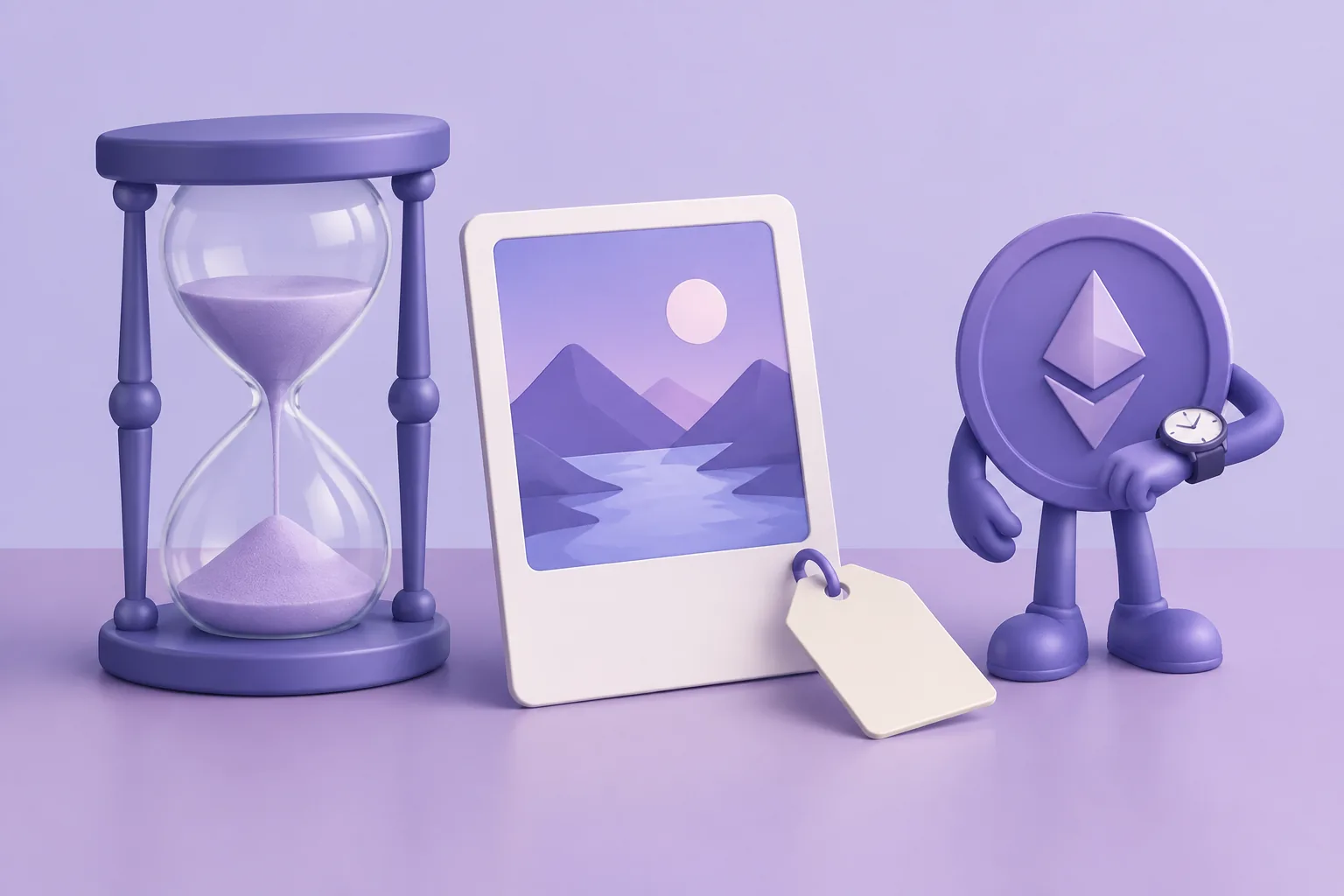 Illustration of a cartoon hourglass beside a listed NFT tile with a price tag, a token checking its watch, lavender desk.