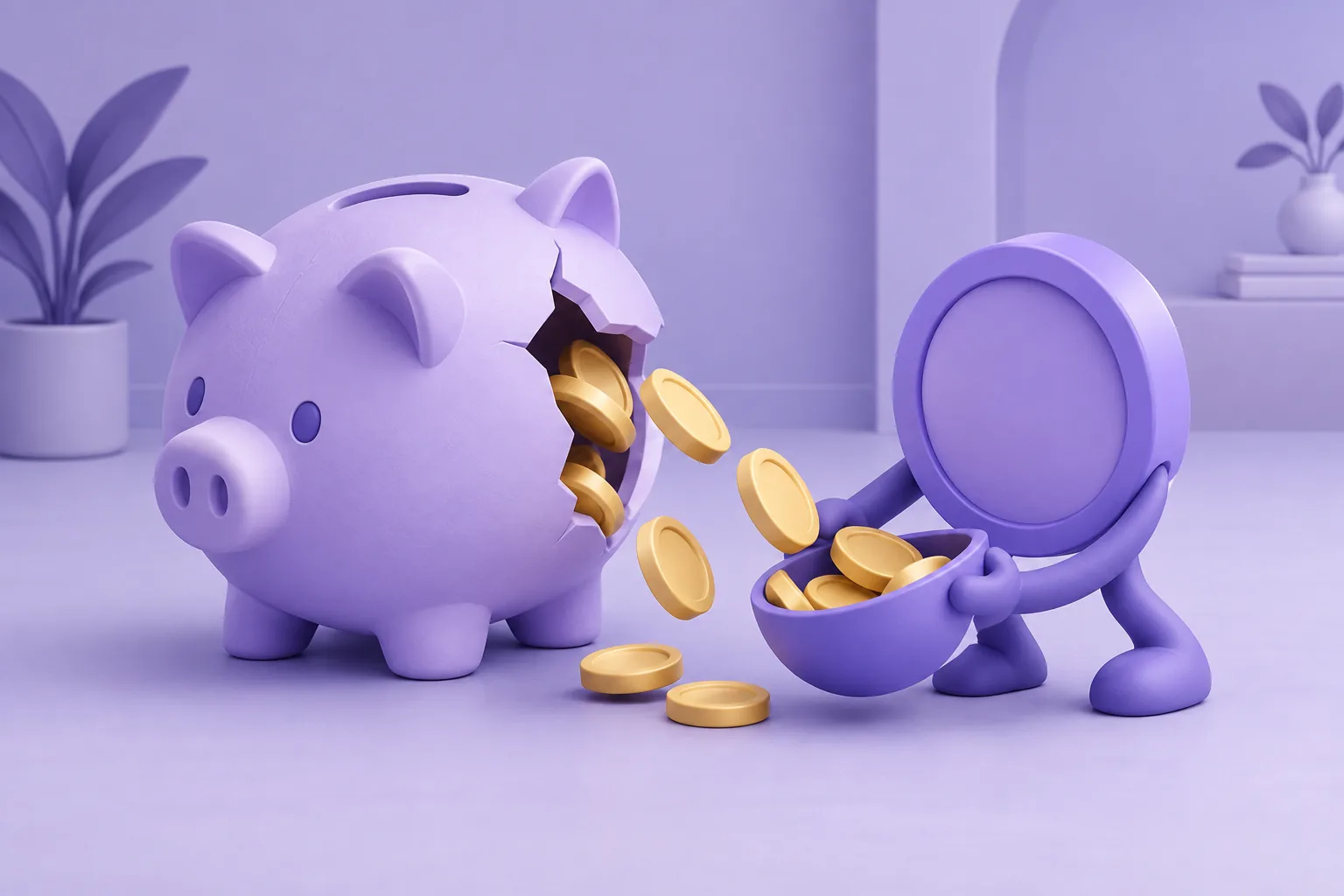 Illustration of a cartoon piggy-bank token with a small crack and coins slipping out onto the floor, a token catching them, lavender room.