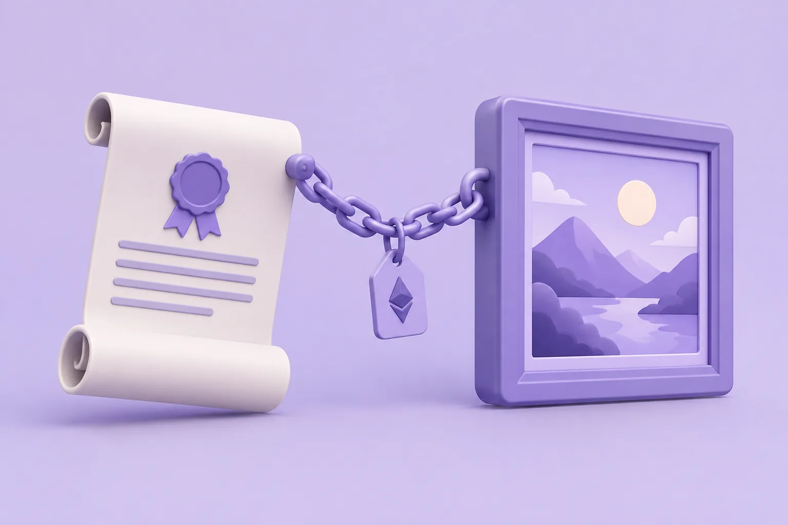 Illustration of a cartoon certificate scroll chained to a framed picture tile, a tiny ownership tag dangling from the link, lavender display.