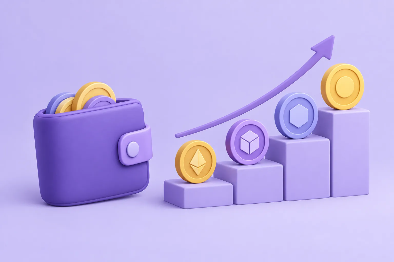 A wallet beside a small staircase of rising coins, representing an exchange-integrated NFT wallet