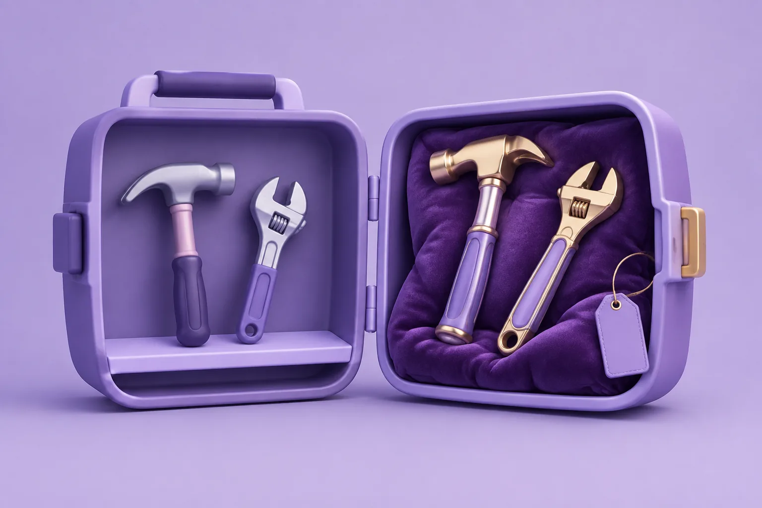 Illustration of a toolbox split between free and premium tools, representing free versus paid NFT tools.