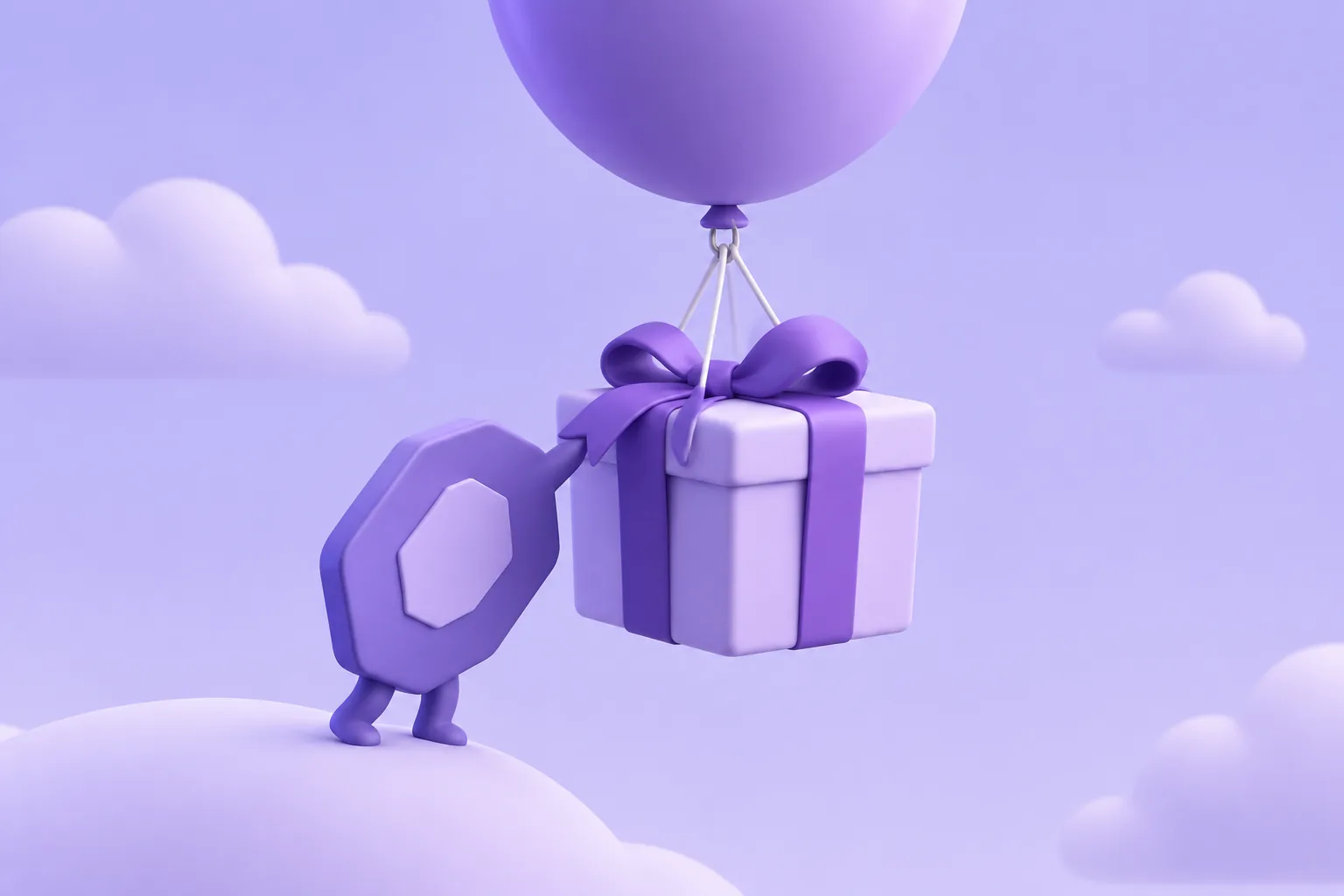 Illustration of a cartoon gift box hanging from a balloon with a nearly-hidden hook under it, a cautious token sniffing the ribbon, lavender sky.