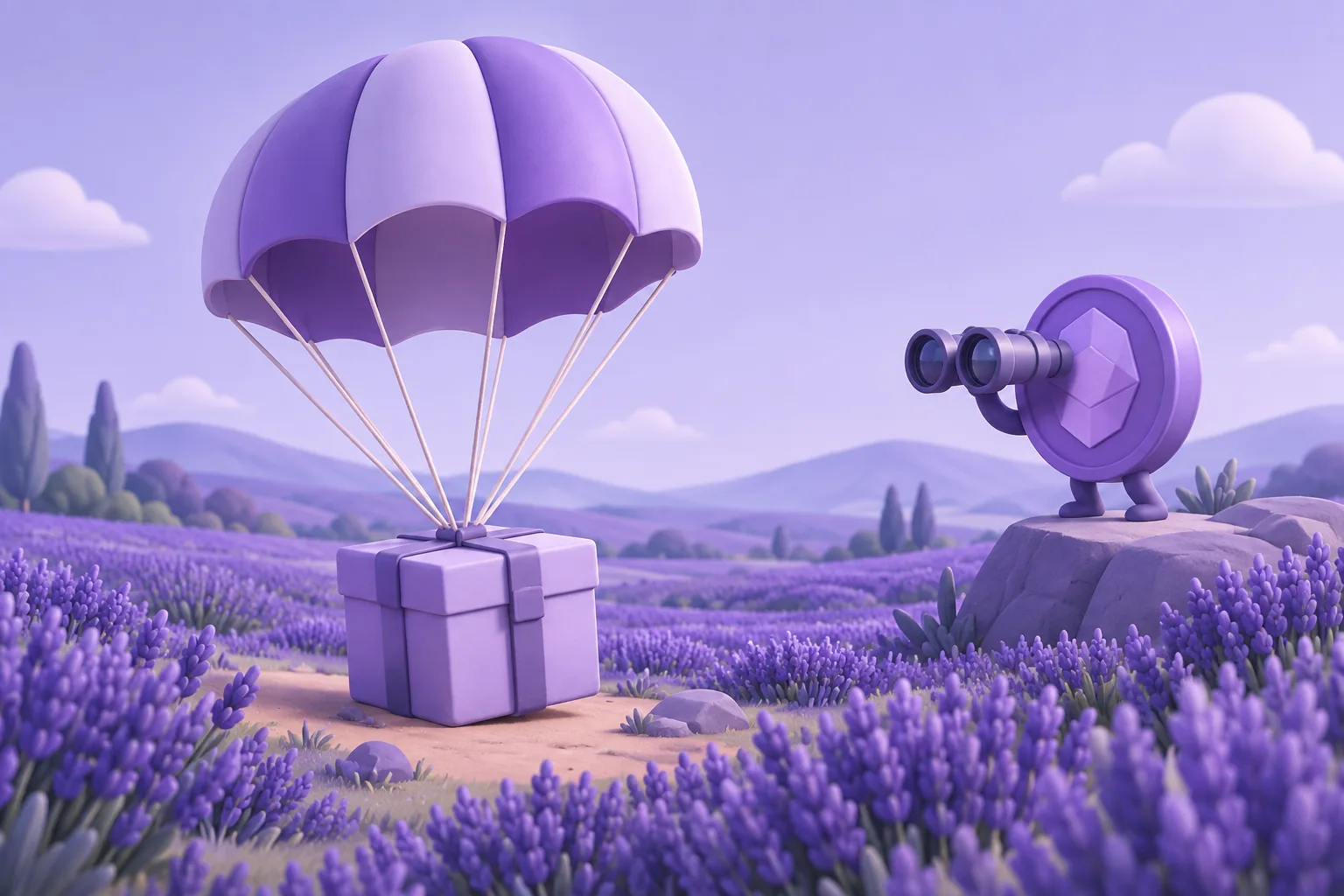 Illustration of a cartoon vacuum-octopus robot draining token coins from an open wallet while a little alarm bell rings, lavender room.