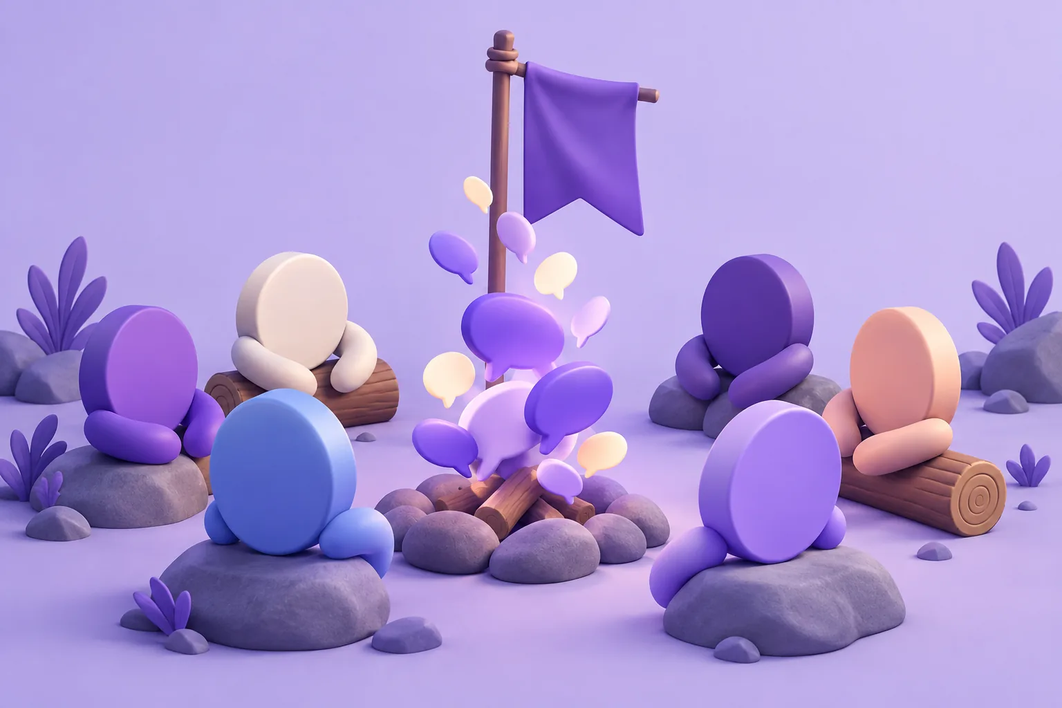 Illustration of cartoon tokens gathered around a campfire of message bubbles, representing NFT communities.