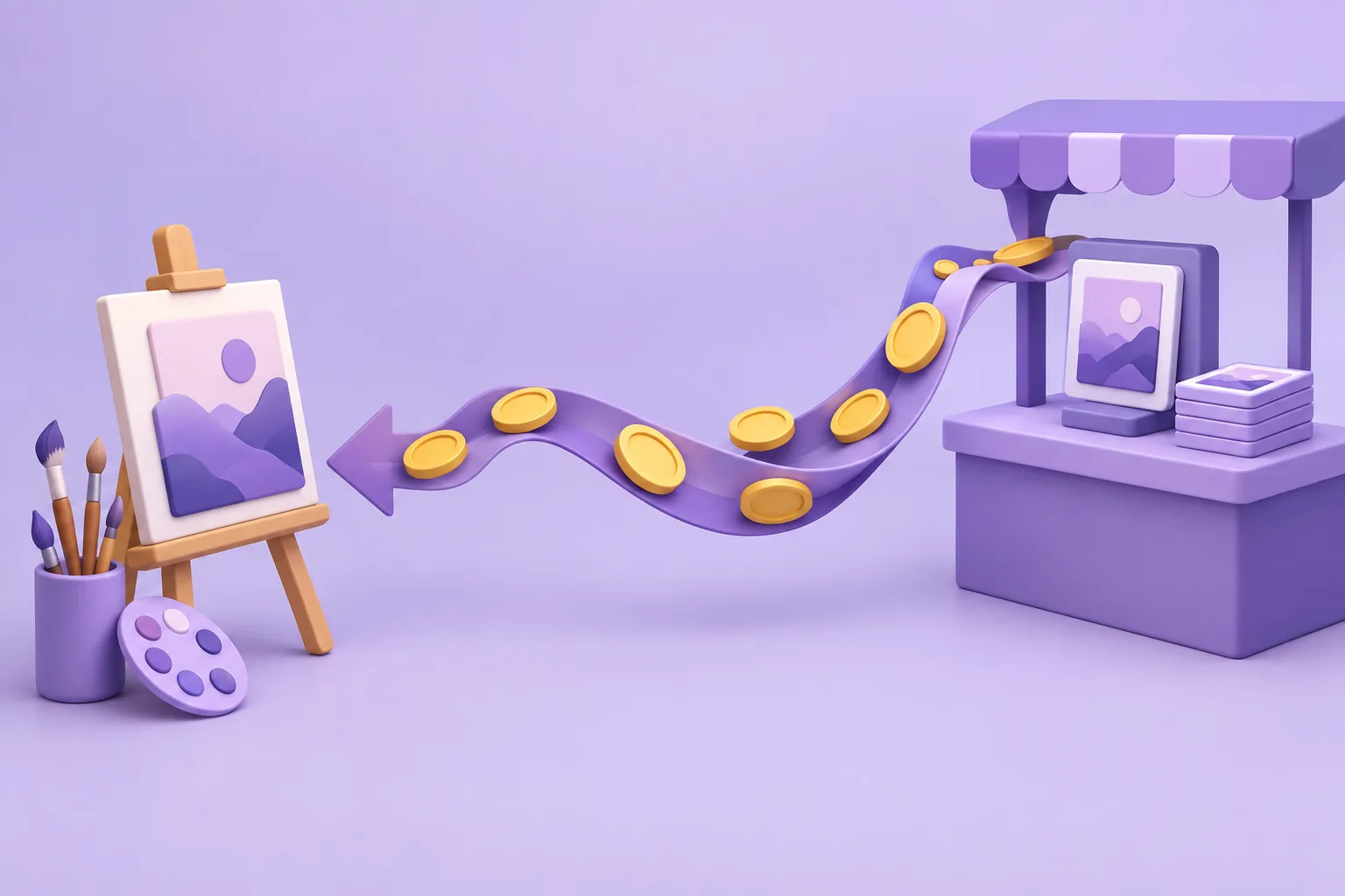 Illustration of a cartoon toll gate on a blockchain highway where a token pays a small coin to pass, fee-meter dial on the booth, lavender road.