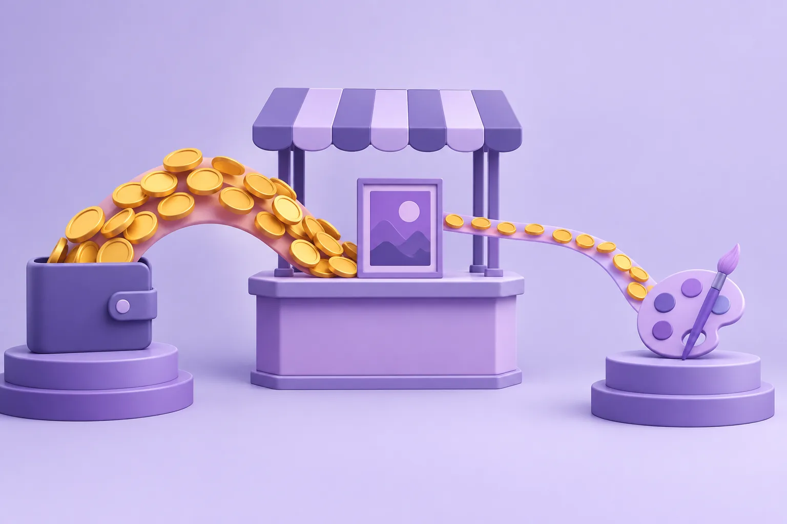 Illustration of a cartoon crowd-flow of small rounded tokens streaming between two market stalls, turnstile counting them, lavender plaza.