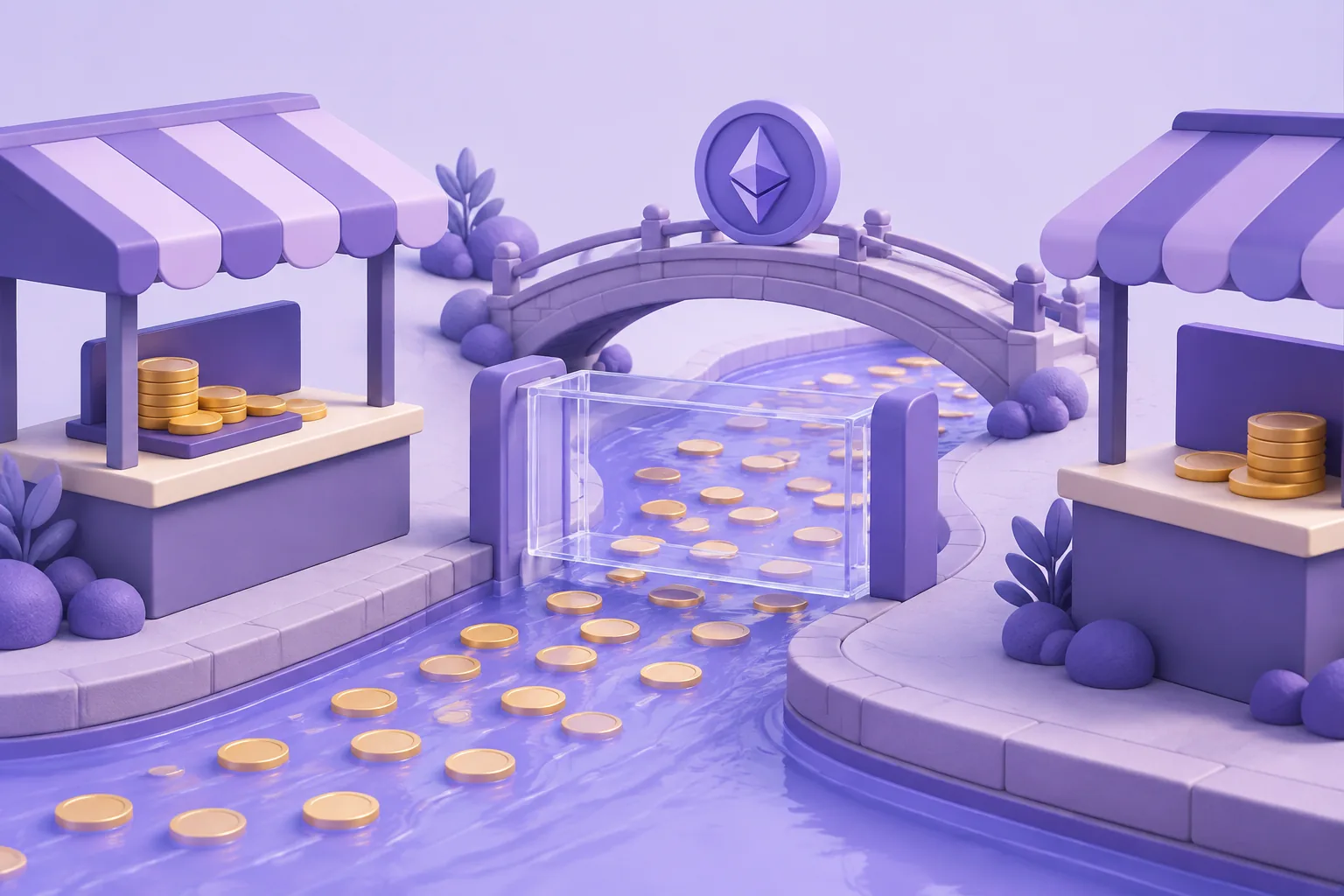 Illustration of a cartoon river of small coins flowing between buyer and seller booths, a measuring gauge midstream, lavender market canal.