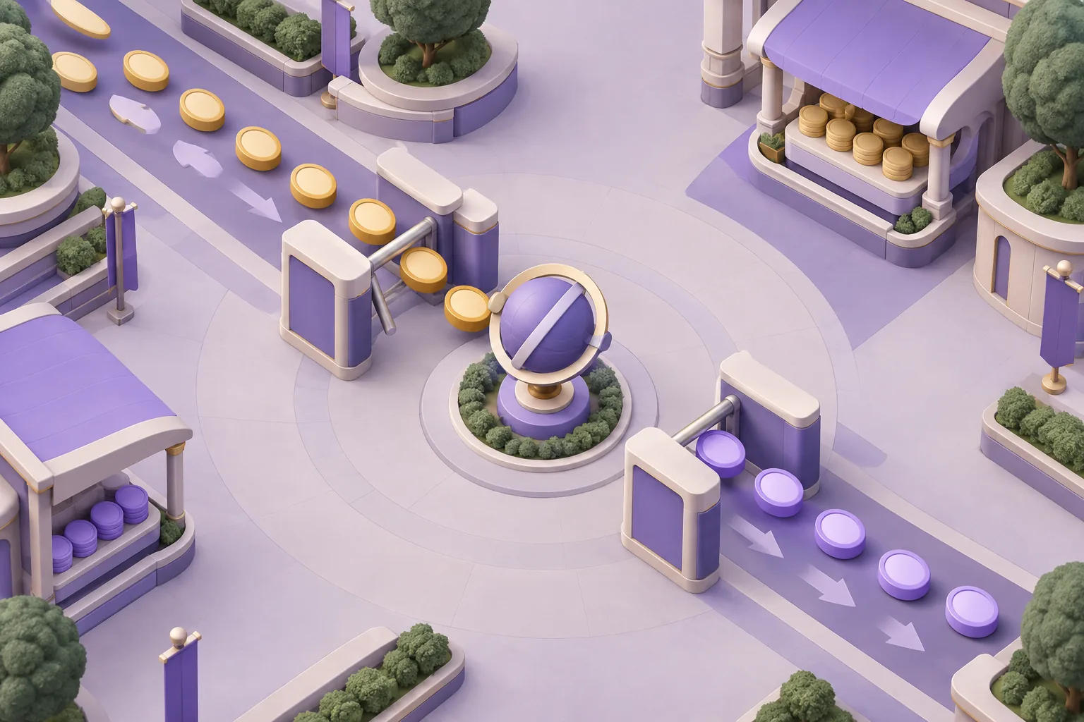 Illustration of a cartoon crowd-flow of small rounded tokens streaming between two market stalls, turnstile counting them, lavender plaza.