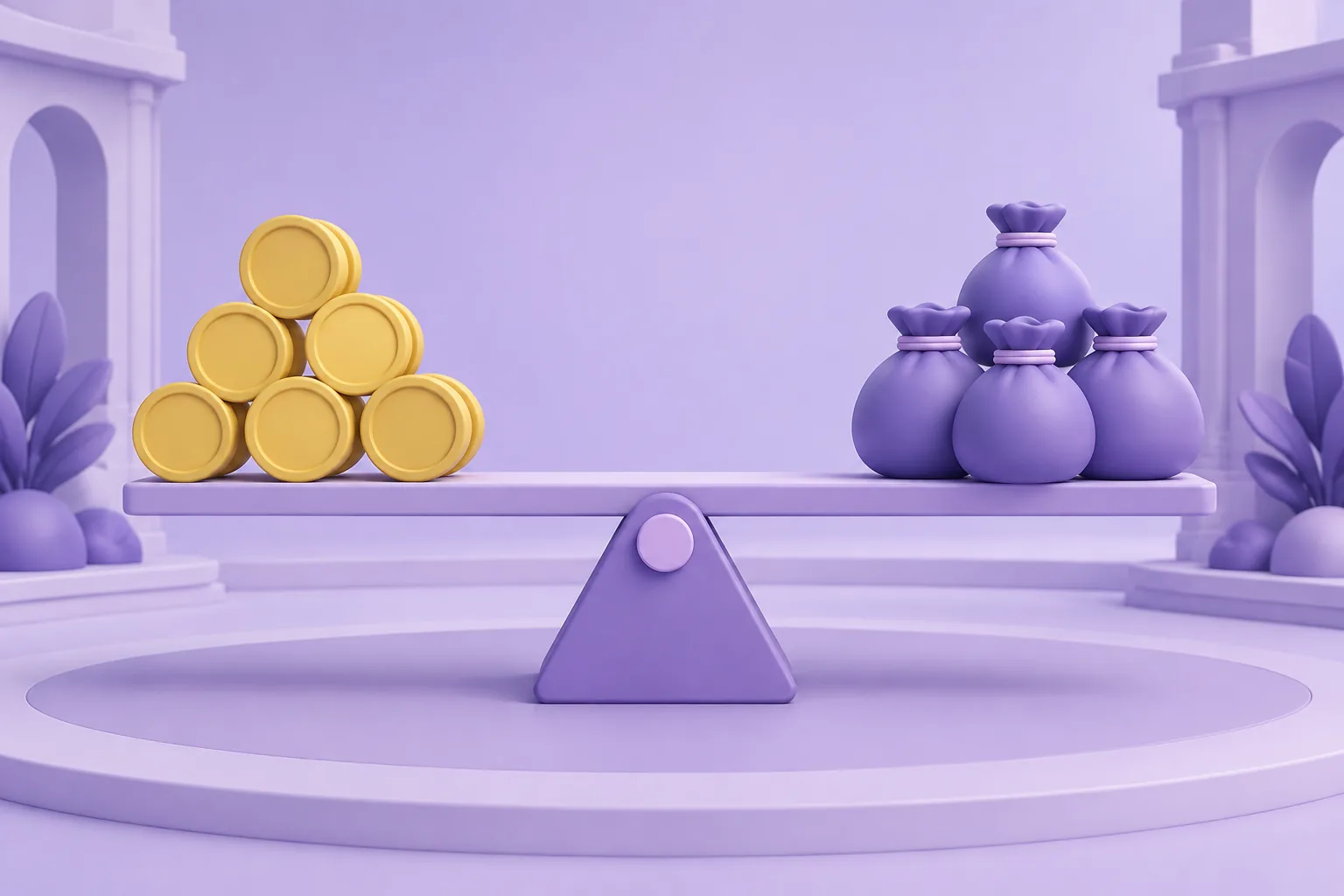 Illustration of a cartoon marketplace floor made of glass tiles with price tags standing on it, a token tapping the glass to test it, lavender hall.