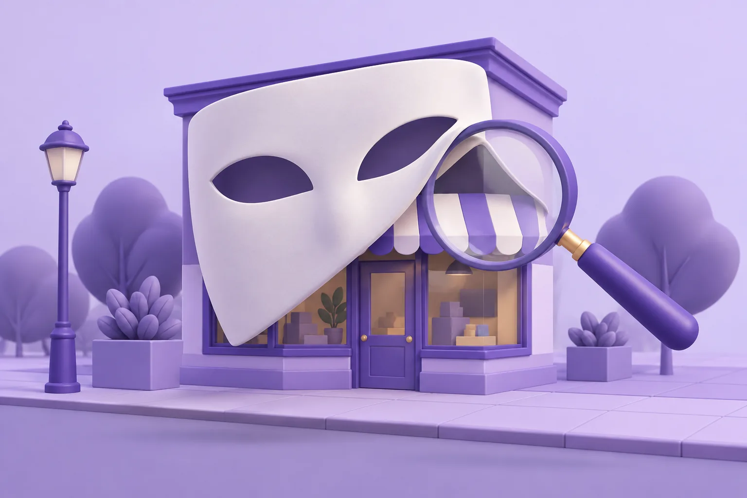 Illustration of a cartoon storefront wearing a removable mask disguise, a magnifying glass lifting the mask edge, lavender street.