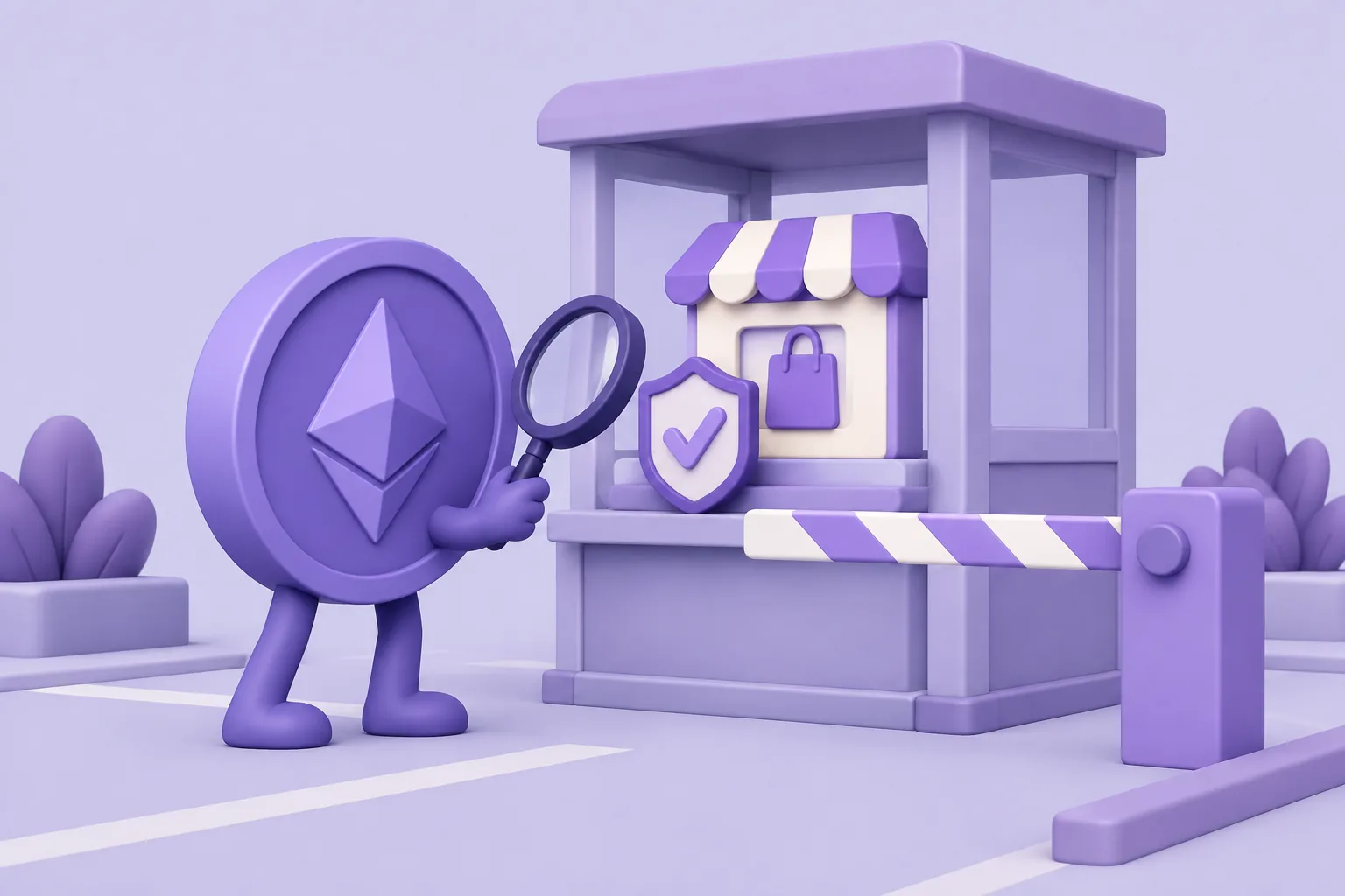 Illustration of a cartoon checkpoint gate where a token inspects a marketplace's credentials badge with a magnifying glass, lavender booth.