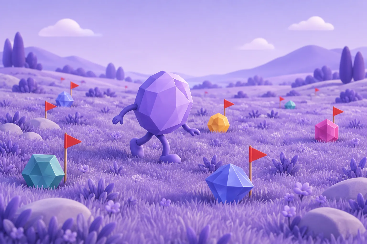 Illustration of a cartoon field scattered with small red flags planted around shiny tokens, a careful token tiptoeing between them, lavender meadow.