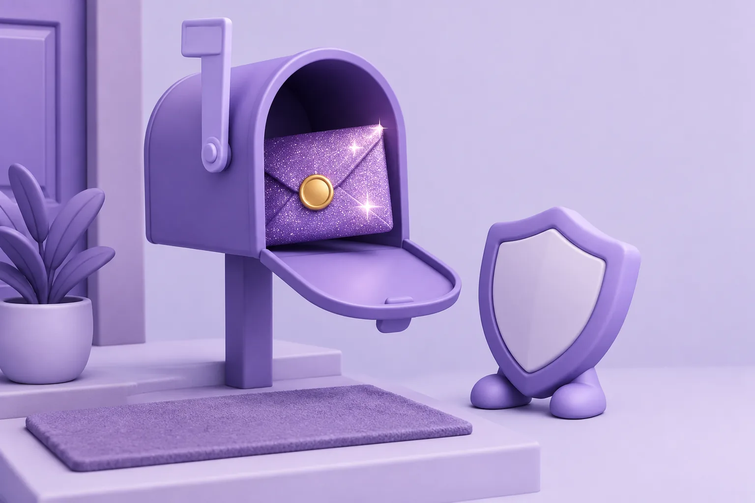 Illustration of a cartoon mailbox with a suspicious glittering letter inside and a small shield-guard token standing beside it, lavender doorstep.