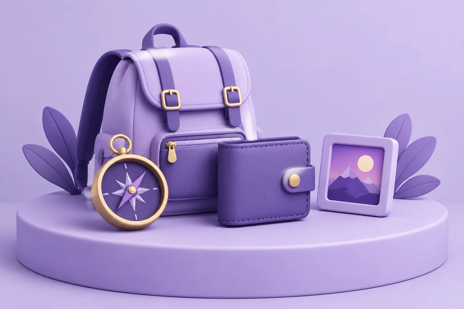 Illustration of a cartoon starter kit with wallet, compass and NFT tile, representing the first steps of buying an NFT.