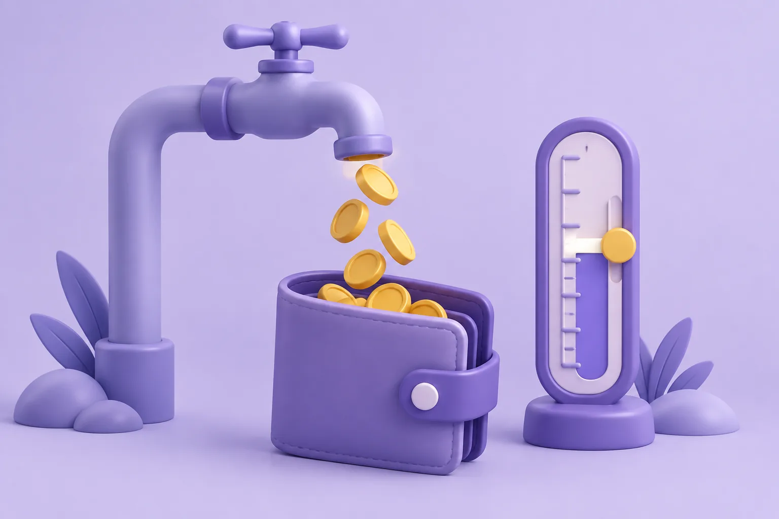Illustration of coins pouring into a cartoon wallet, representing funding a wallet with a small test amount.