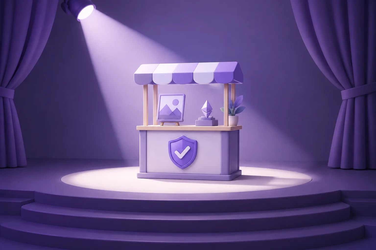 Illustration of a cartoon gift box hanging from a balloon with a nearly-hidden hook under it, a cautious token sniffing the ribbon, lavender sky.
