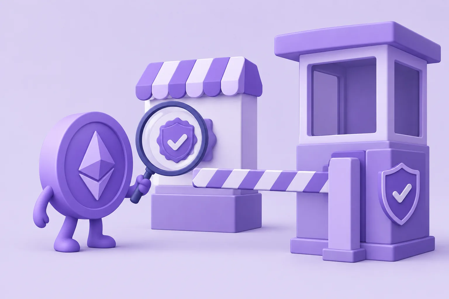 Illustration of a cartoon checkpoint gate where a token inspects a marketplace's credentials badge with a magnifying glass, lavender booth.
