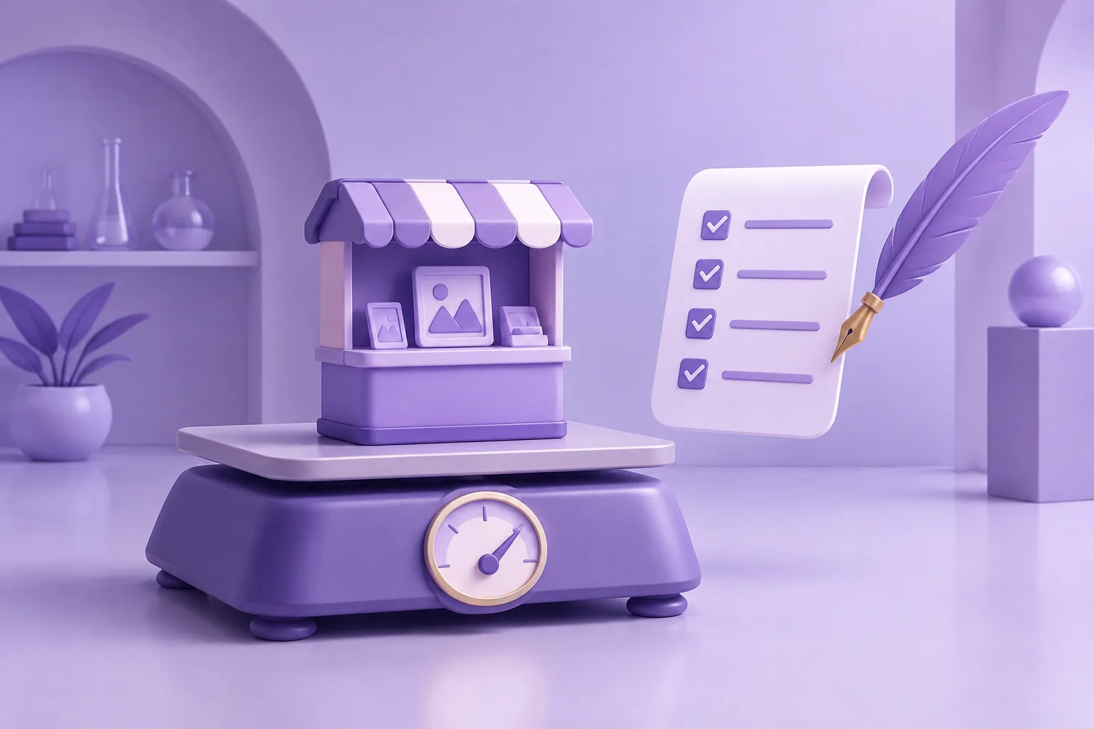 Illustration of a cartoon marketplace arch with display plinths of token tiles and a shopping basket, friendly lavender plaza.