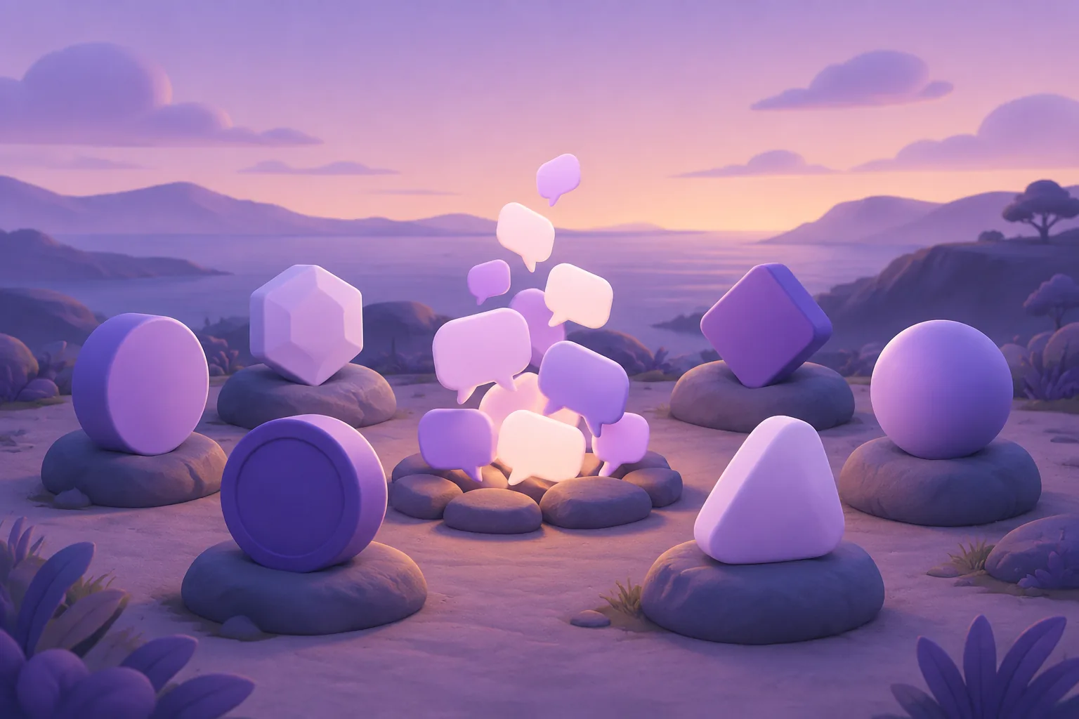 Illustration of a cartoon circle of faceless rounded tokens around a campfire made of message bubbles, warm lavender dusk.