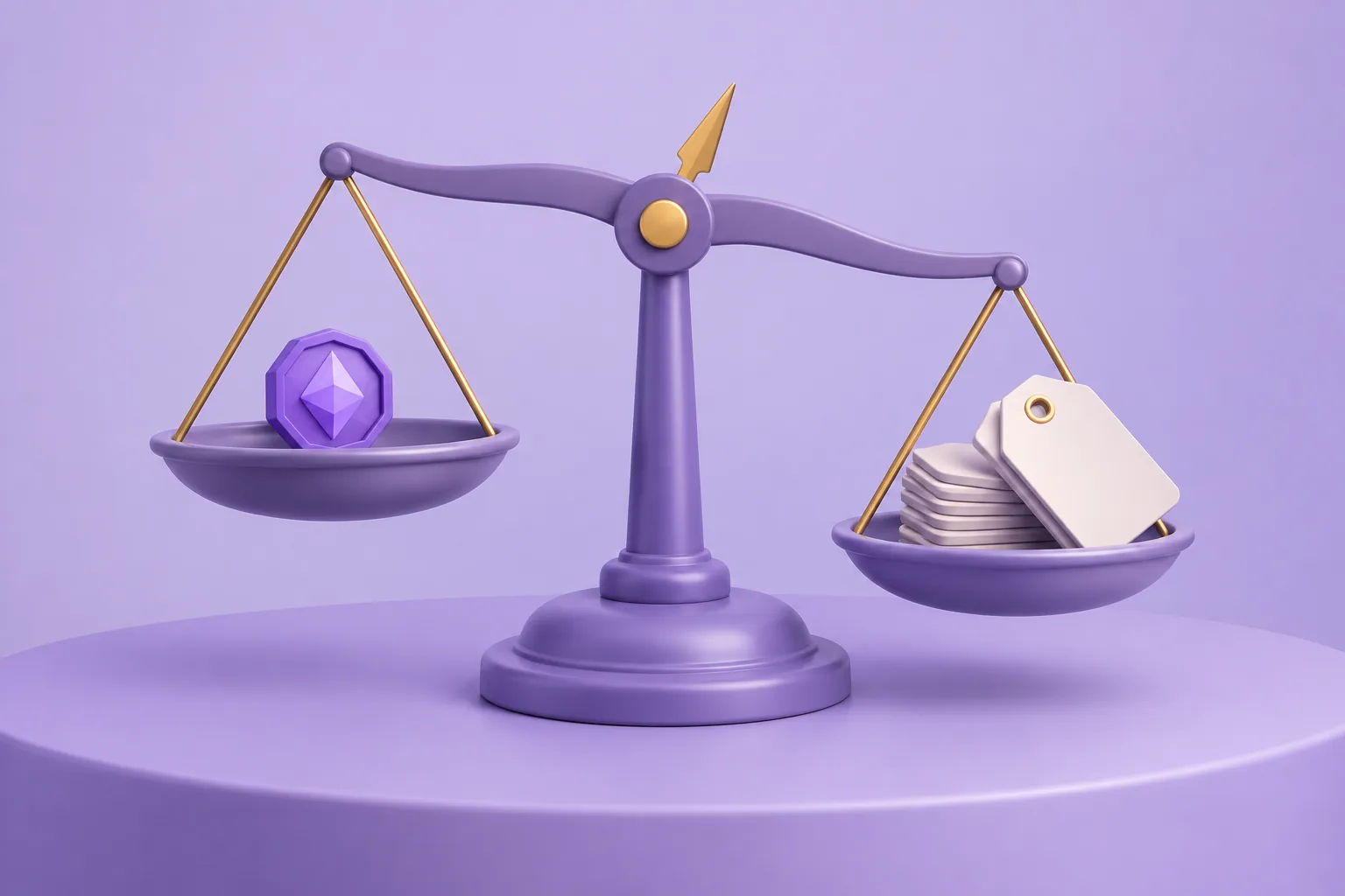 Illustration of a cartoon balance scale weighing a small gem-token against a stack of price tags, needle mid-swing, lavender assay table.