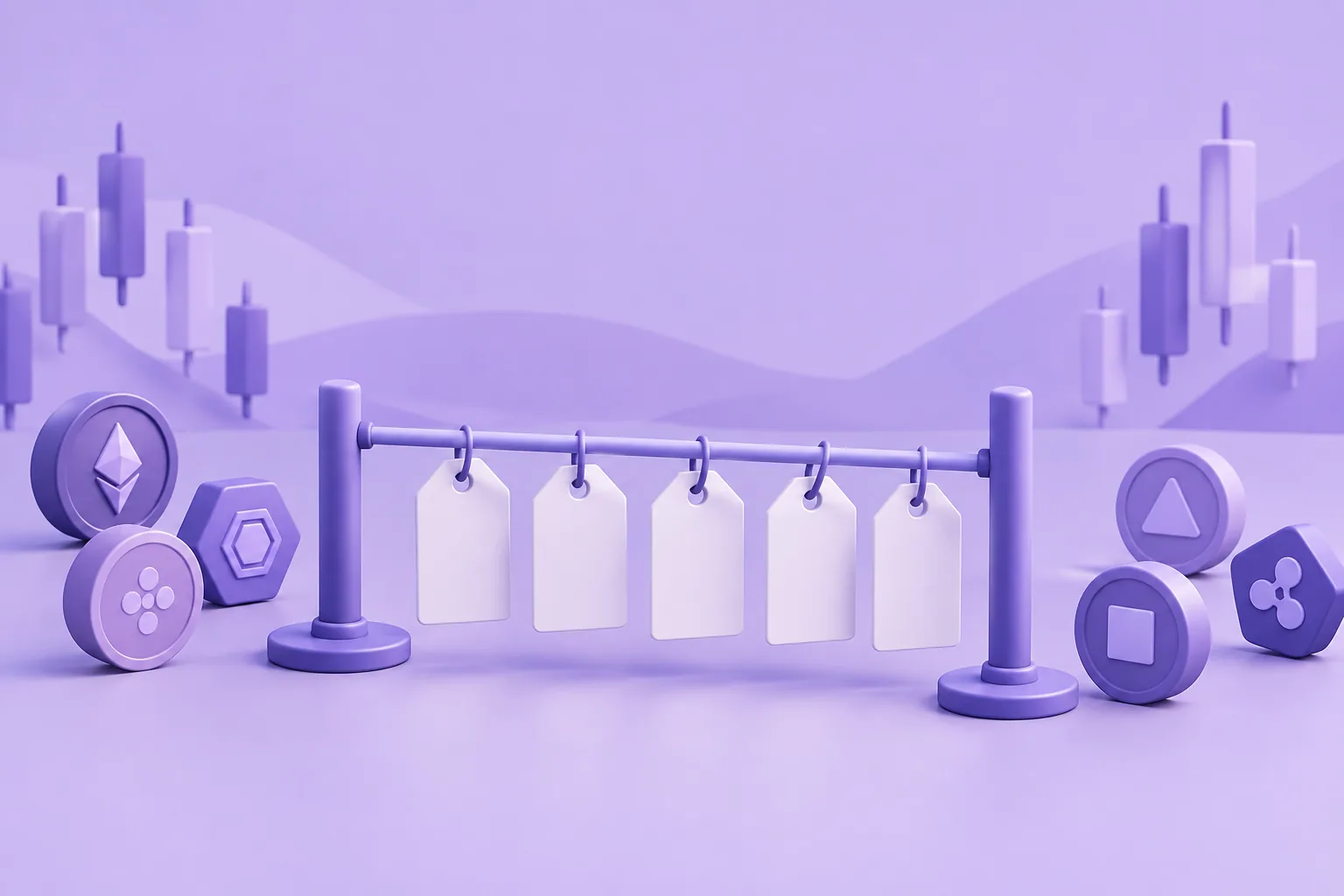 Illustration of a cartoon limbo-bar of price tags at the lowest listing, tokens watching whether it holds, lavender market.