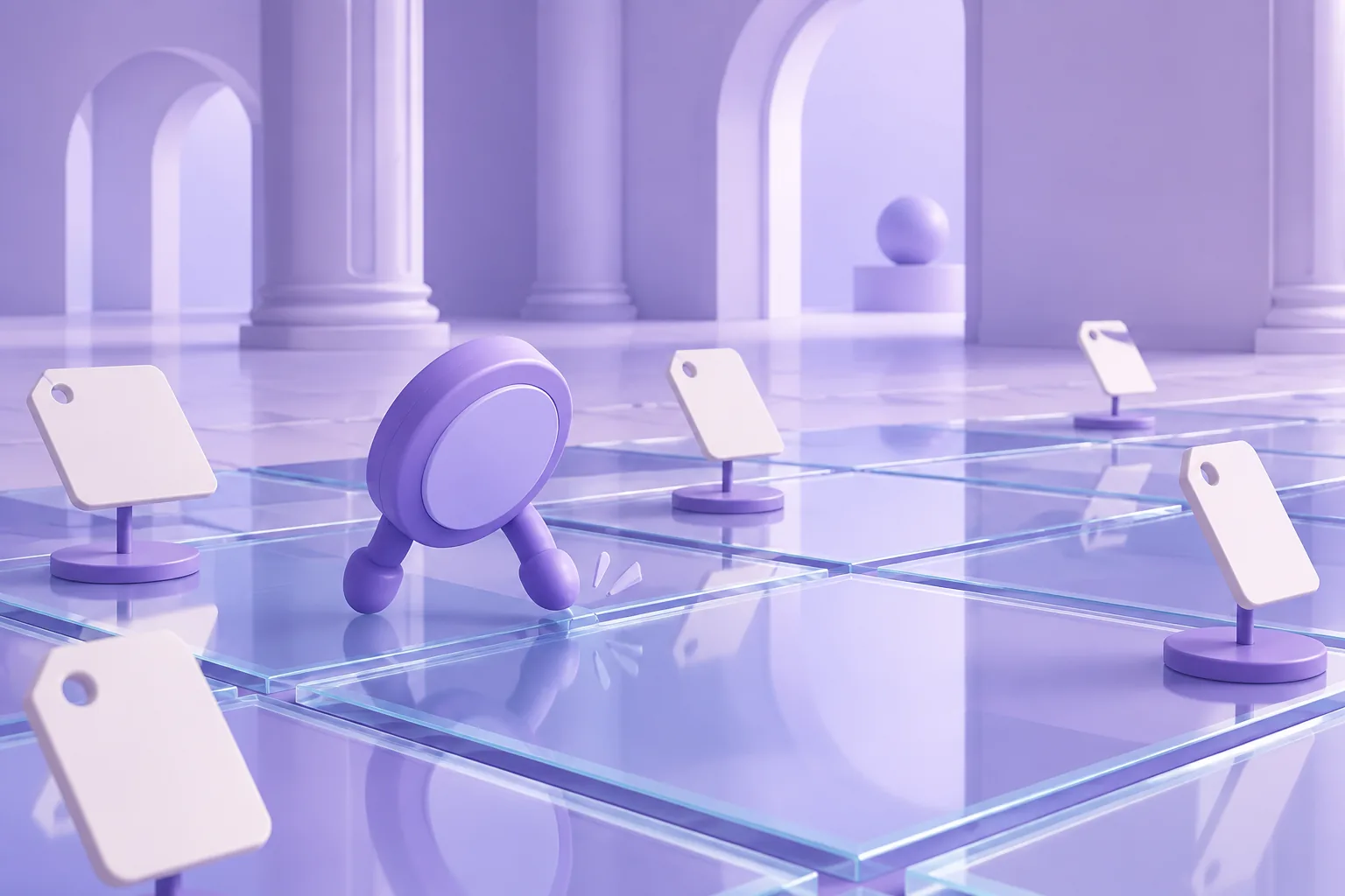 Illustration of a cartoon marketplace floor made of glass tiles with price tags standing on it, a token tapping the glass to test it, lavender hall.