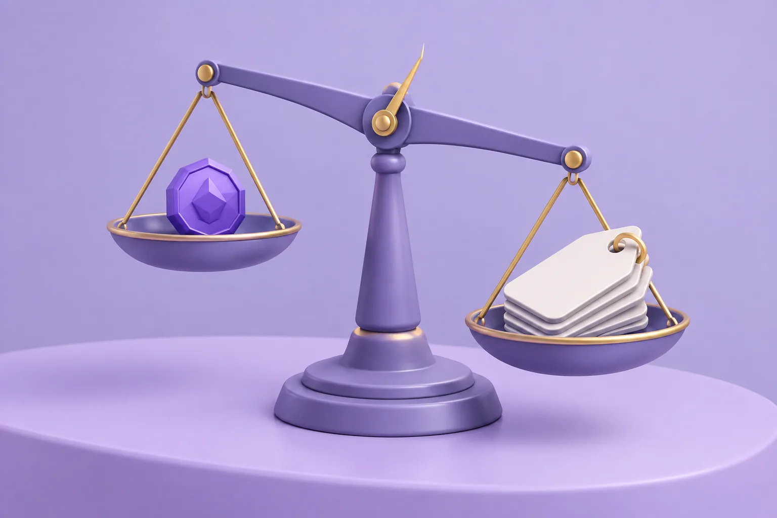 Illustration of a cartoon balance scale weighing a small gem-token against a stack of price tags, needle mid-swing, lavender assay table.