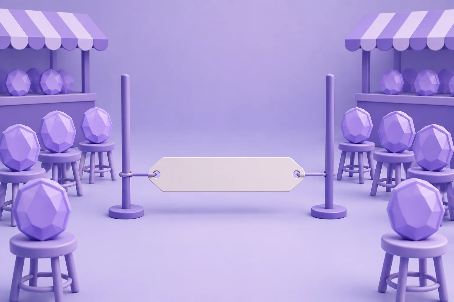 Illustration of a cartoon limbo-bar of price tags at the lowest listing, tokens watching whether it holds, lavender market.