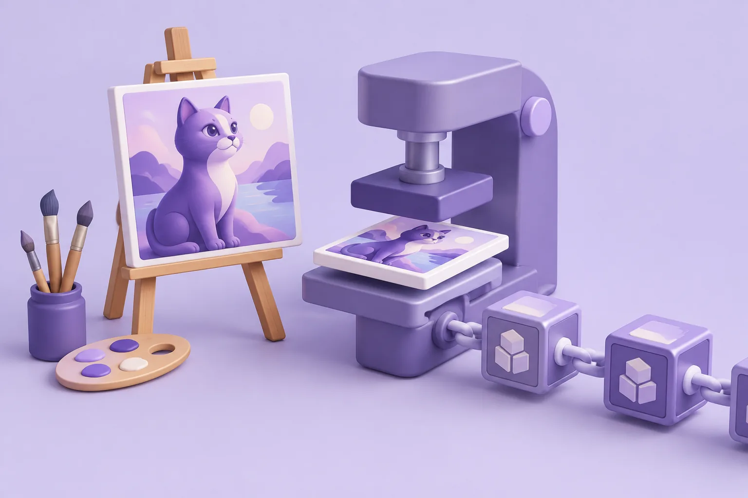 Illustration of an NFT canvas on an easel beside a minting press, representing minting an NFT.