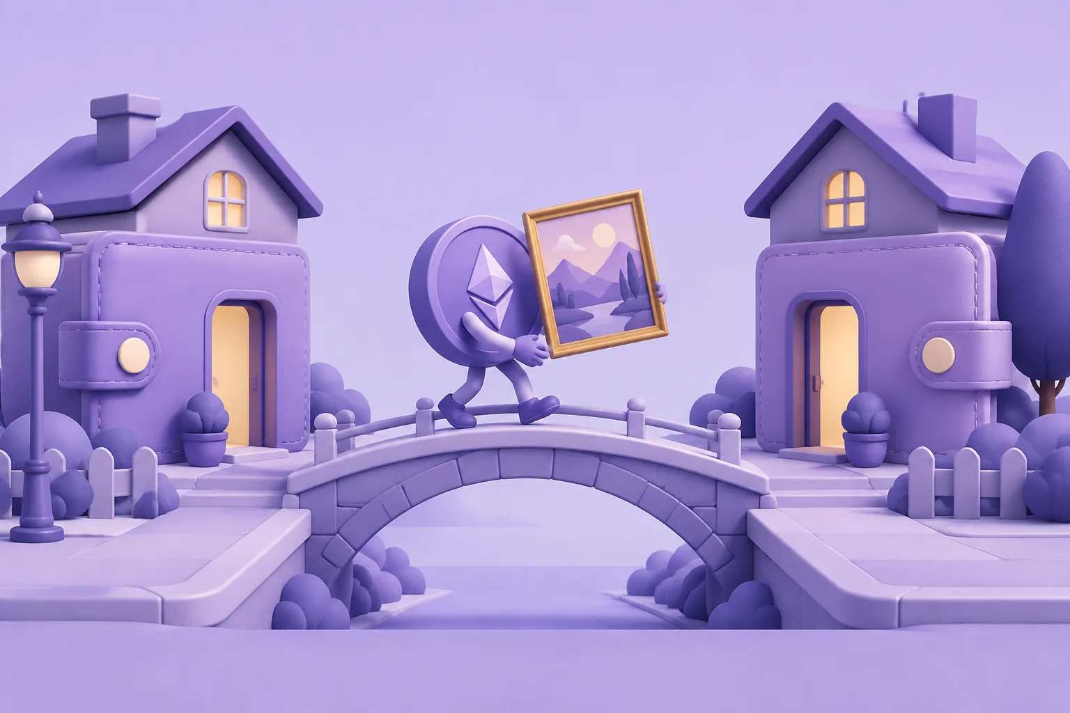 Illustration of a cartoon moving day: a token carrying a framed picture between two wallet-shaped houses on a small bridge, lavender street.