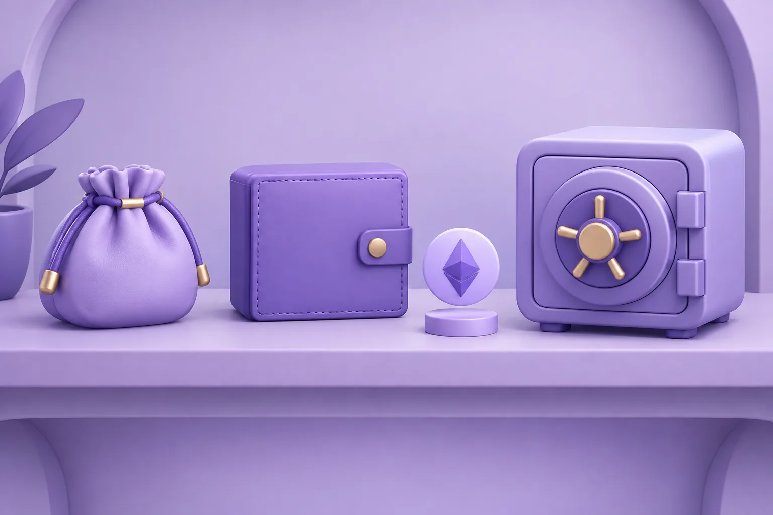 Illustration of a cartoon row of different wallet shapes on a shop shelf — a pouch, a box, a vault — a token comparing them, lavender store.