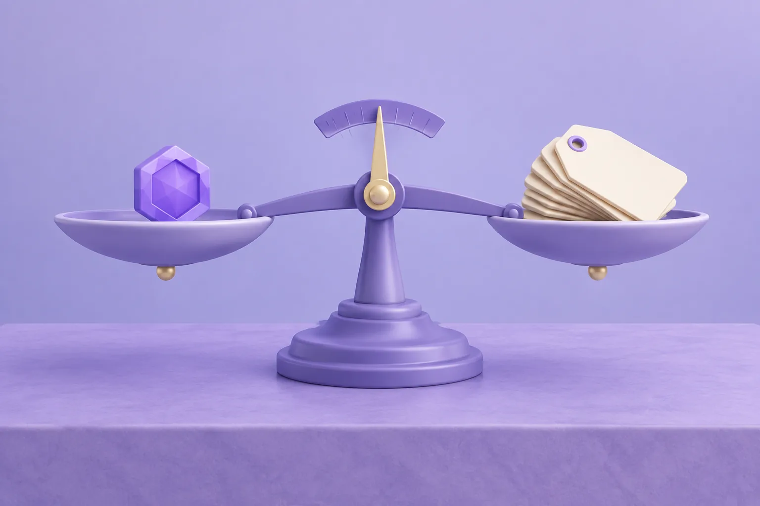 Illustration of a cartoon balance scale weighing a small gem-token against a stack of price tags, needle mid-swing, lavender assay table.
